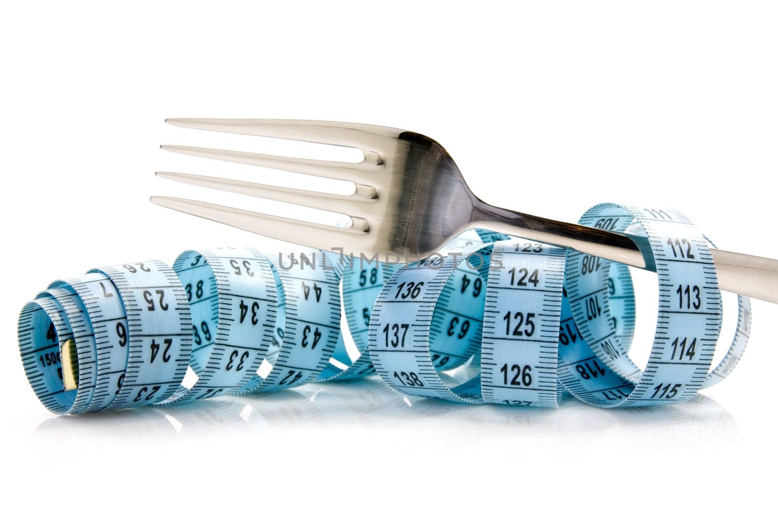 blue measure tape and fork on white background