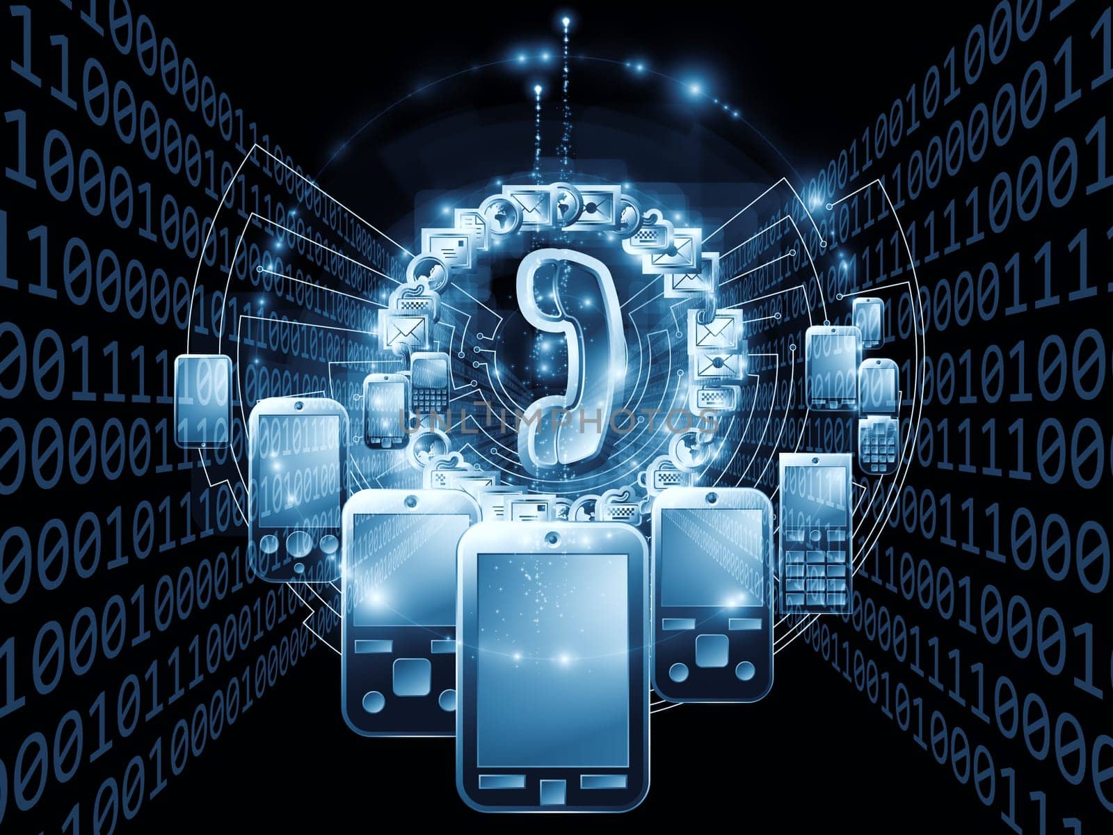 Interplay of communication symbols,  messaging icons and technological design elements on the subject of global communications, messaging, information sharing and modern technologies