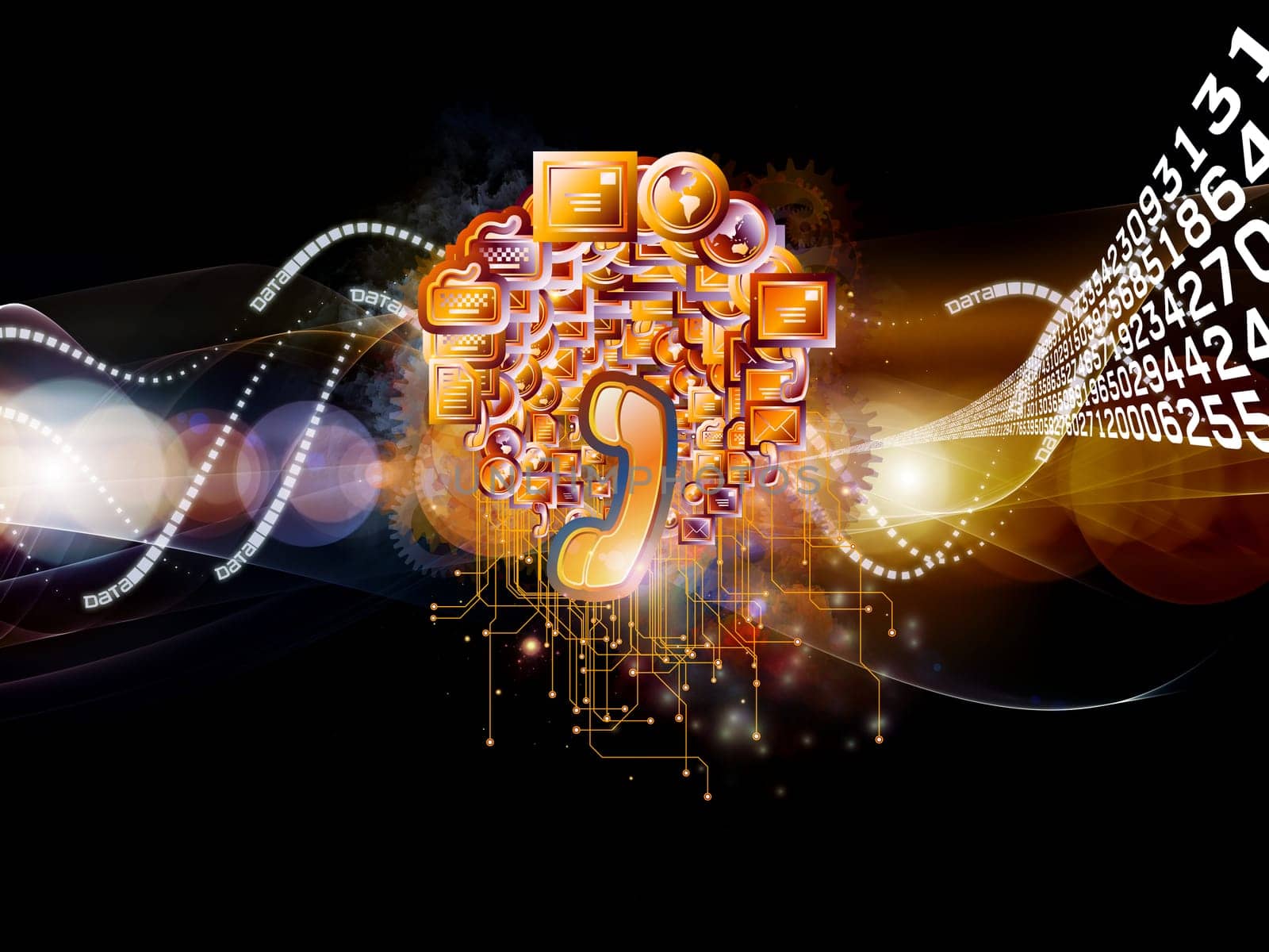 Composition of communication symbols, gears and abstract design elements as a concept metaphor on subject of global communications, messaging, information exchange and modern technologies