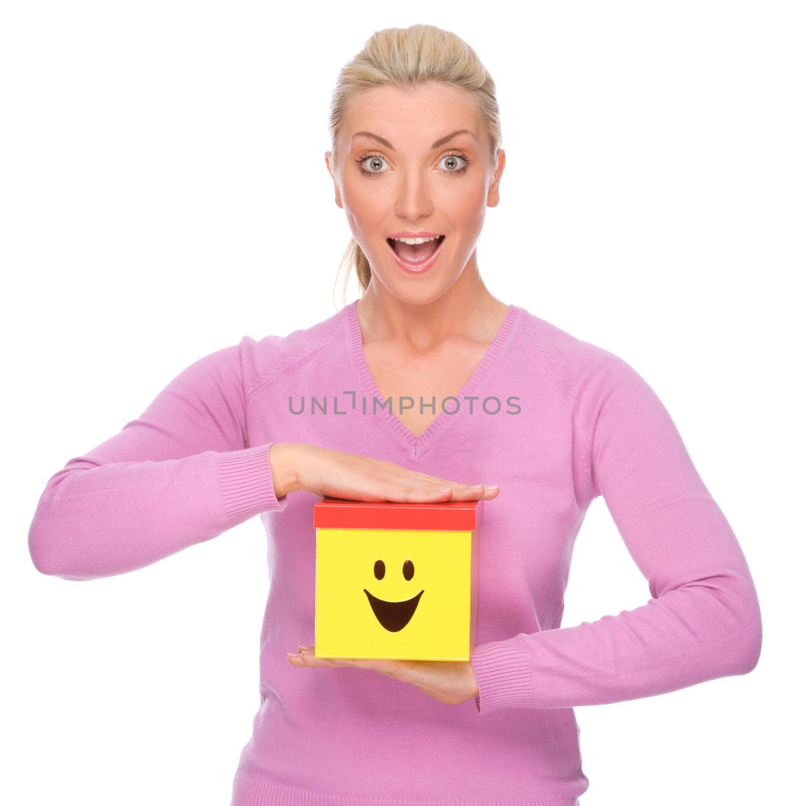 Studio recording of a young woman with a box