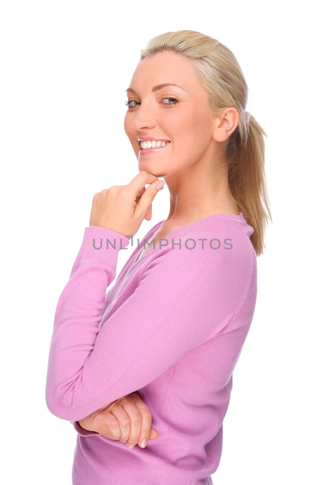 Studio shot of a young and smiling woman