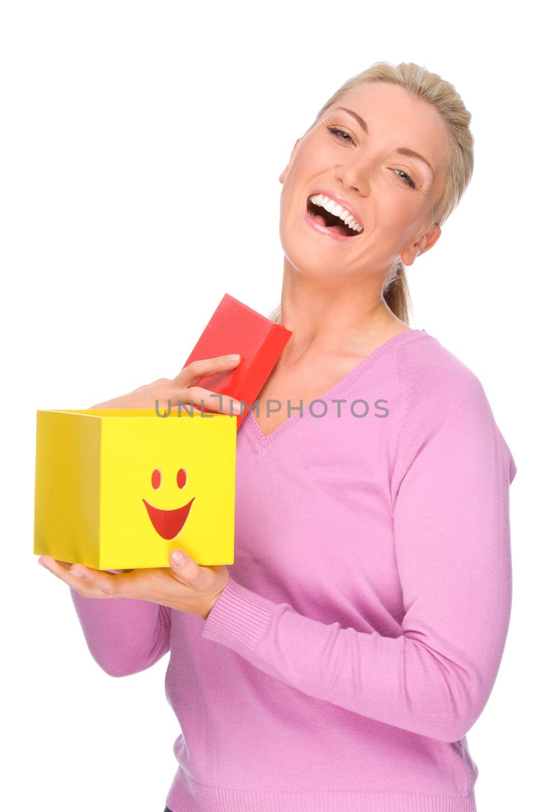 Studio recording of a young woman with a box