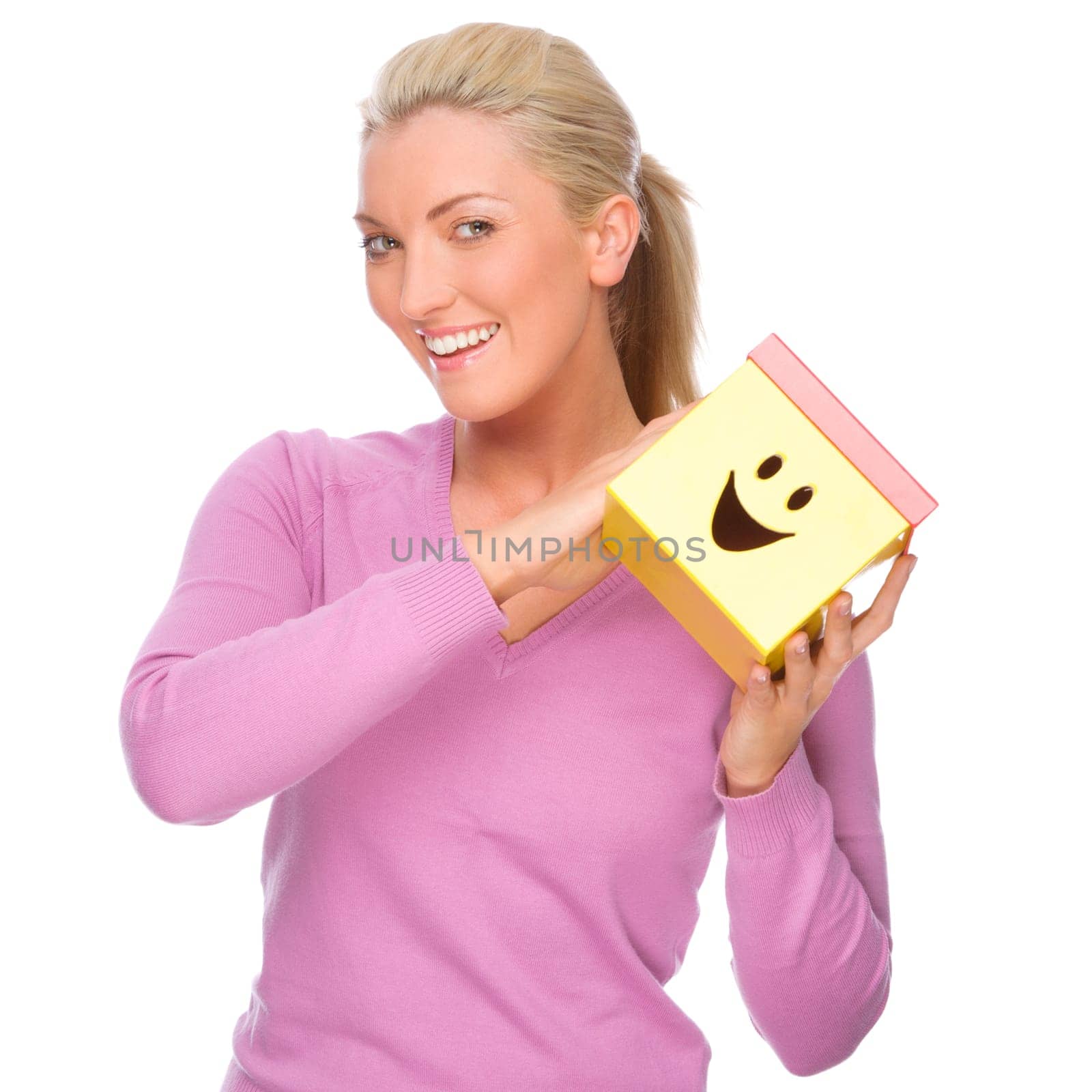 Studio recording of a young woman with a box