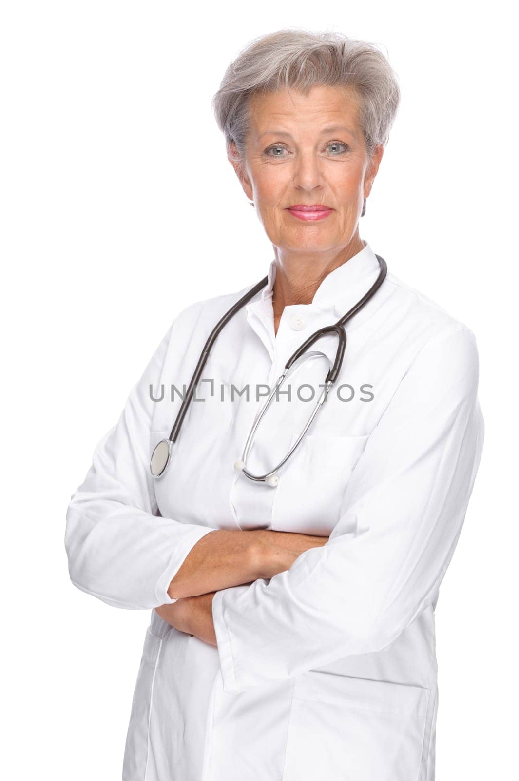 Studio shot of a female doctor with gray hair