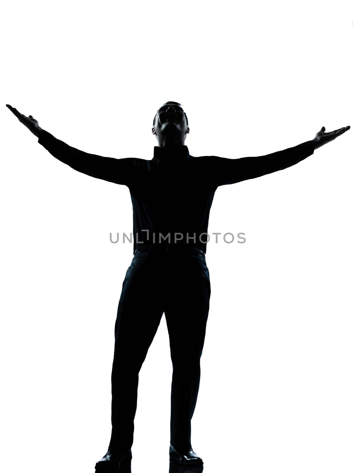 one caucasian business man happy arms outstretched silhouette Full length in studio isolated on white background