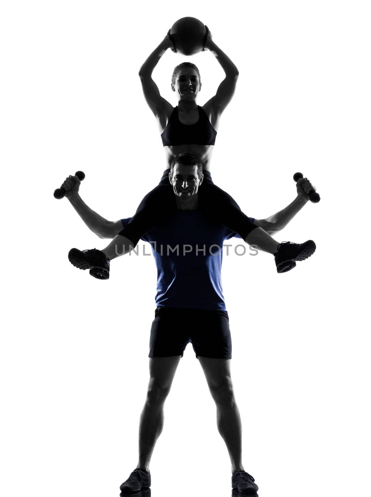 couple woman man exercising workout fitness aerobics posture in silhouette studio isolated on white background