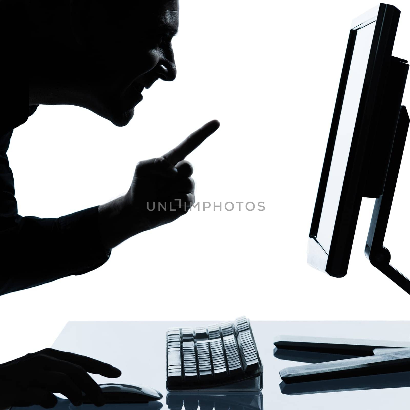 one caucasian business man computing computer  happy success portrait silhouette in studio isolated on white background