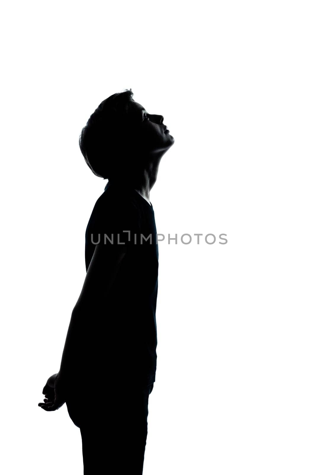 one caucasian young teenager silhouette boy or girl portrait holding empty vodka alcohol bottle in studio cut out isolated on white background