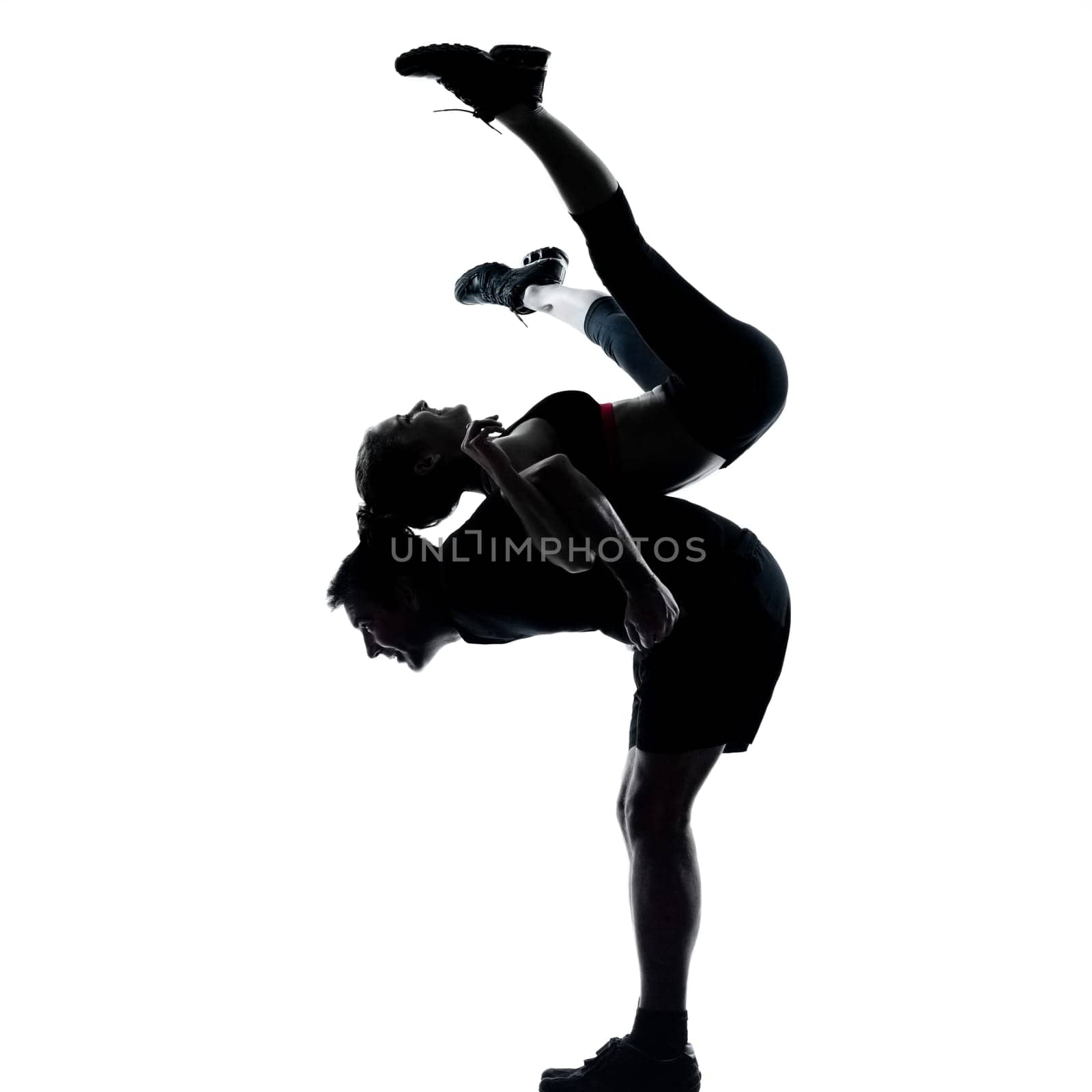 couple woman man exercising workout fitness aerobics posture in silhouette studio isolated on white background