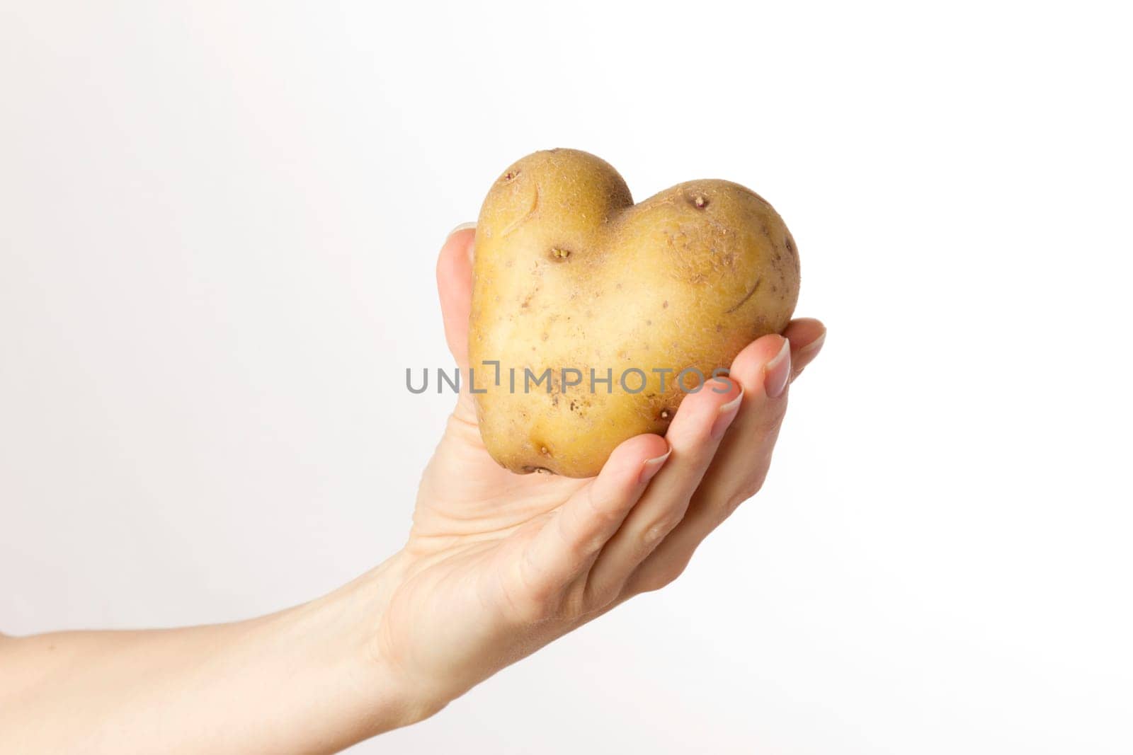 Female hand holding a potato heart against white background