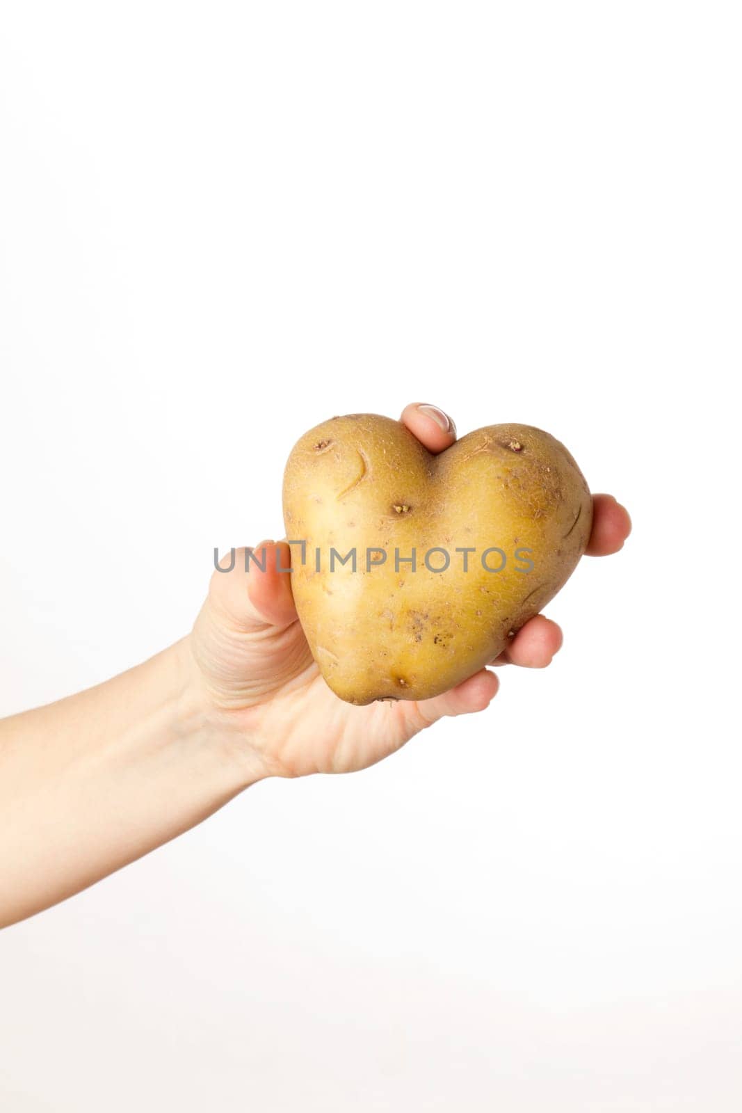 Female hand holding a potato heart against white background