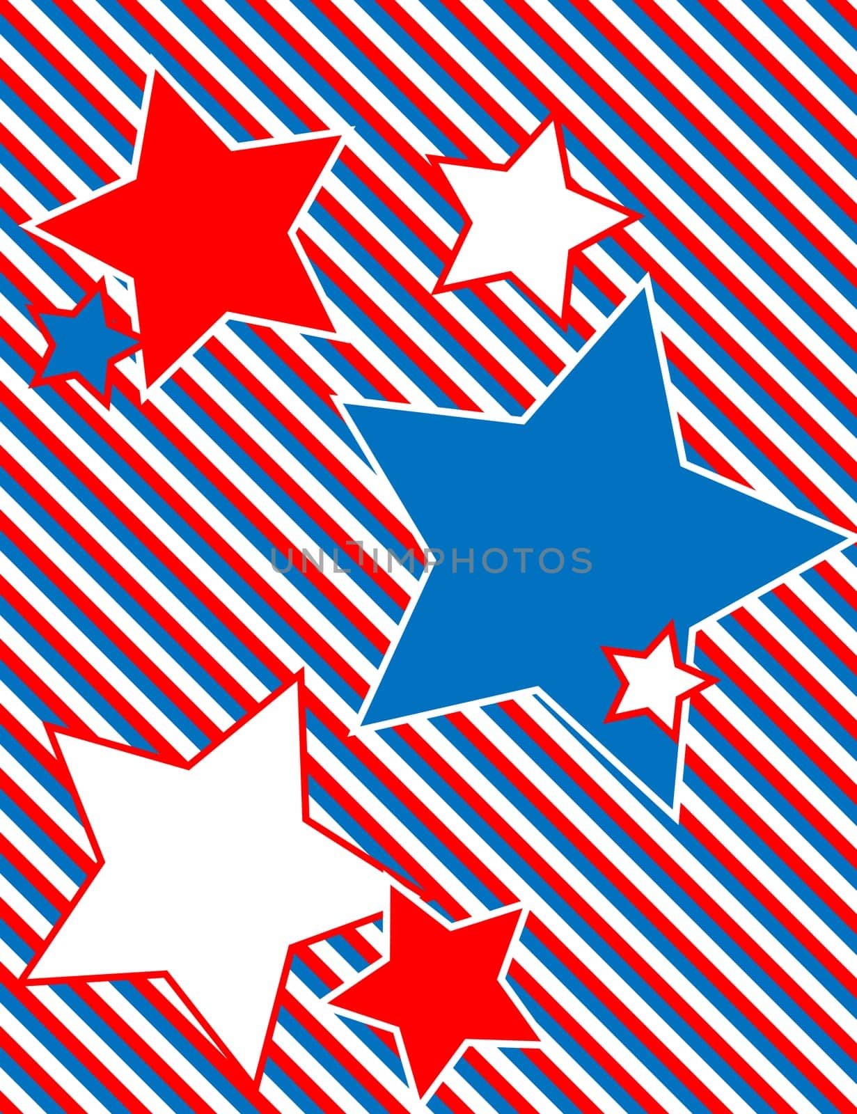 Red, White and blue patriotic star background with a striped background.