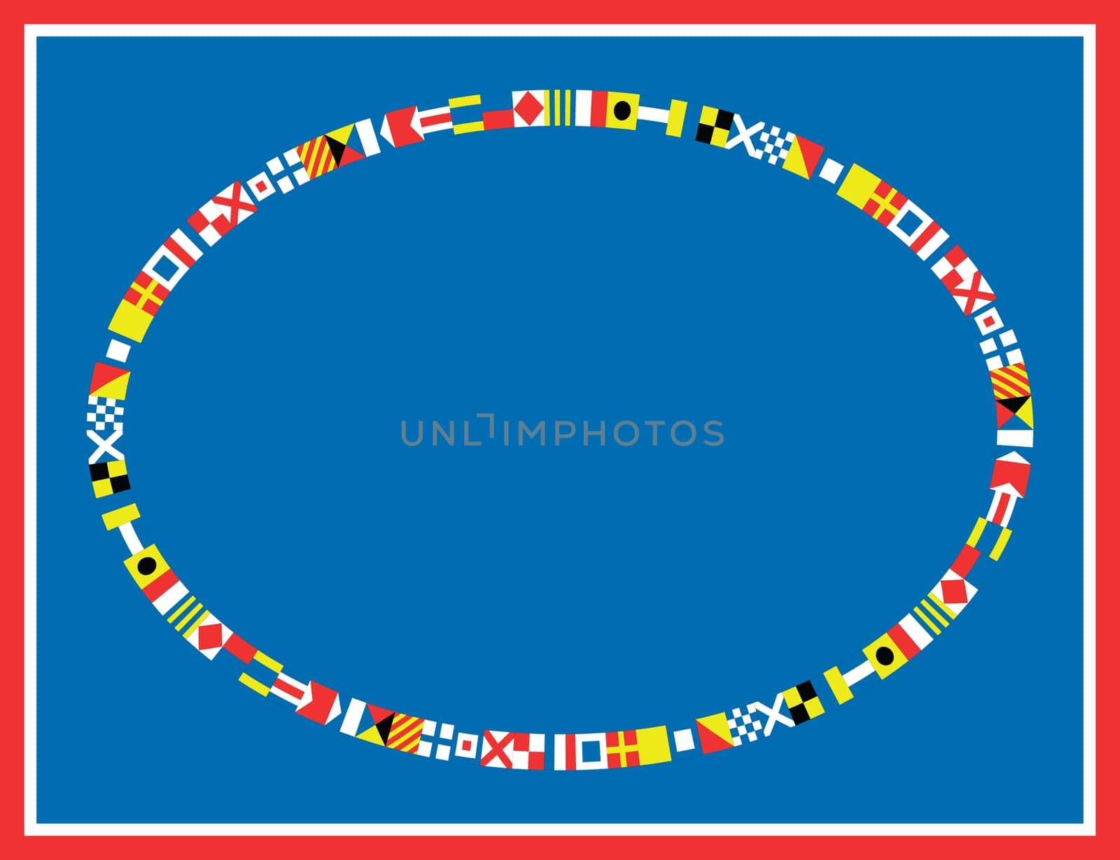 oval red, white and blue nautical flags border or frame.