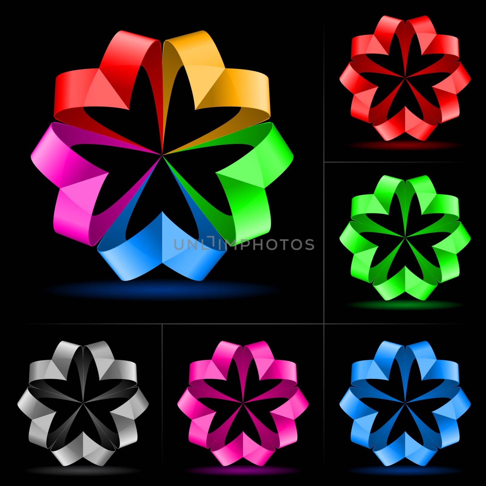 Set of ribbon on a black background for design.