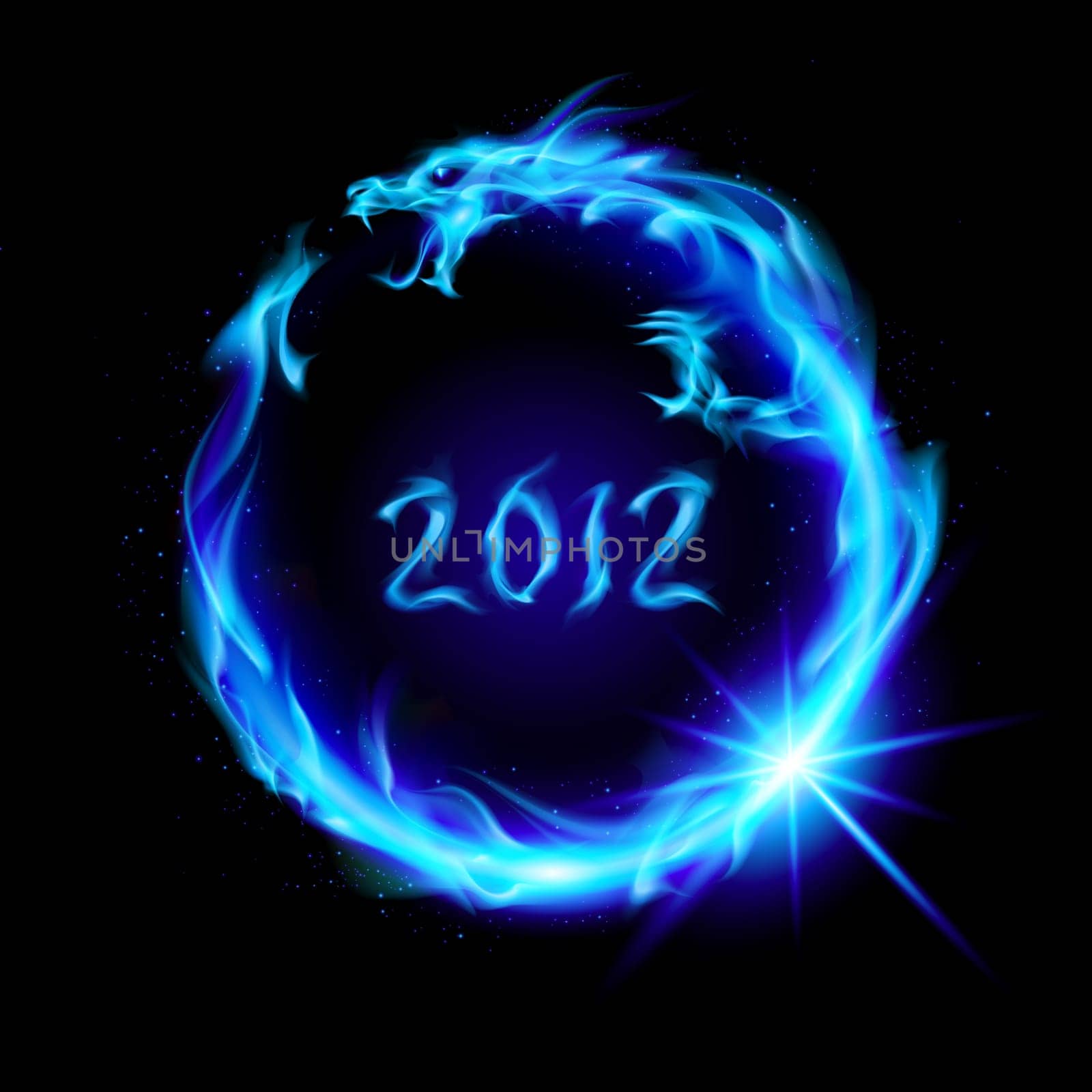 Abstract blue fiery dragon. Illustration on black background for design.