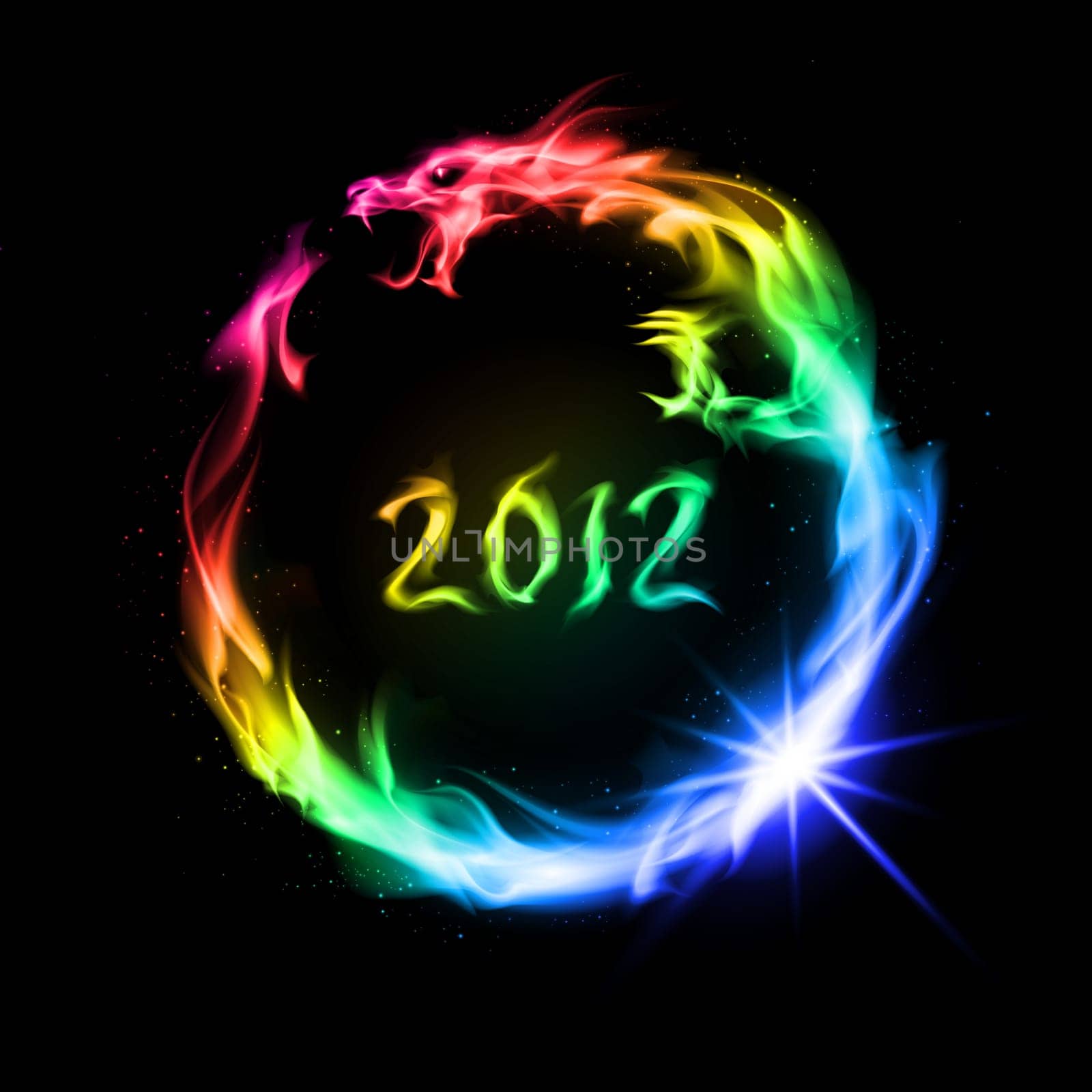 Abstract rainbow  fiery dragon. Illustration on black background for design.