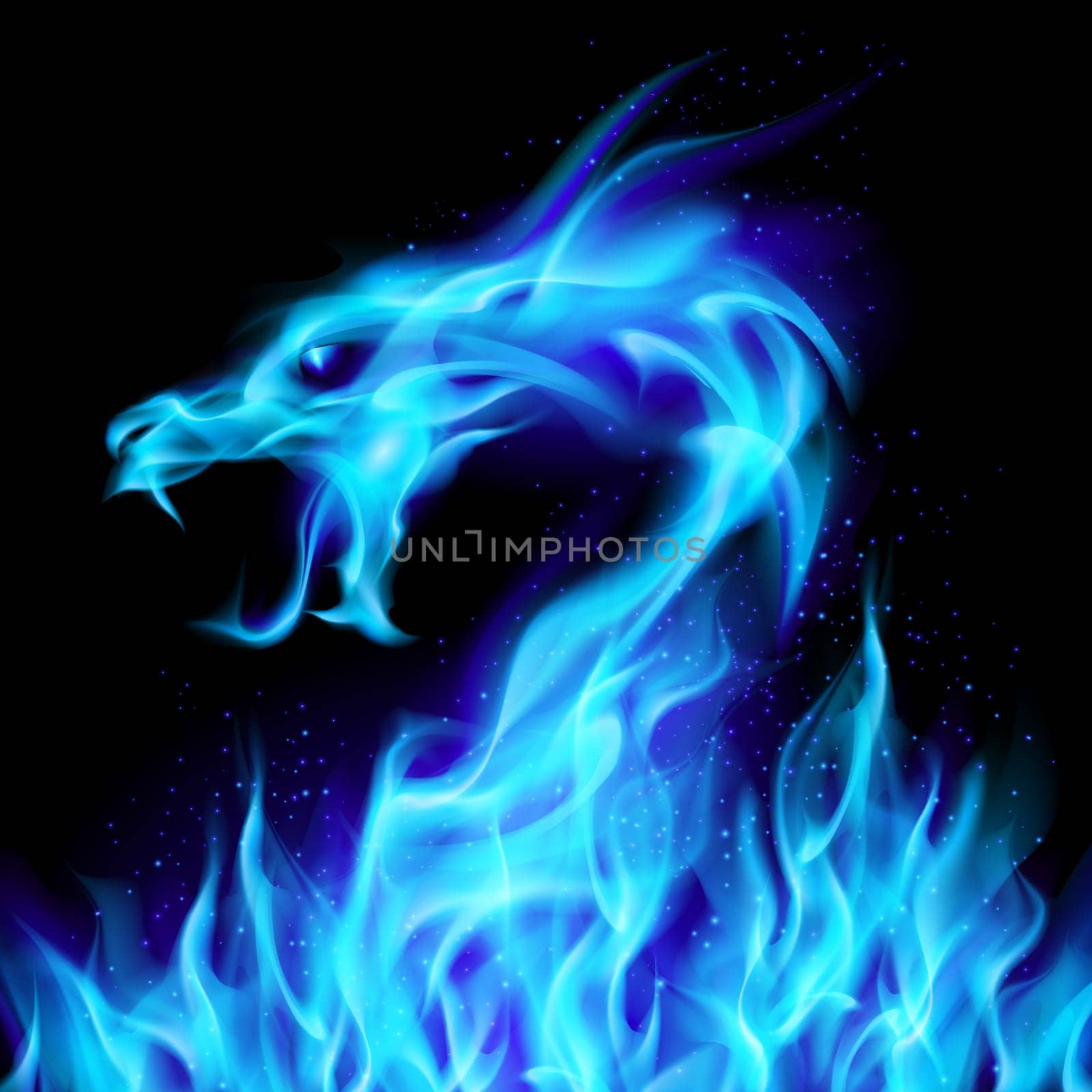 Abstract blue fiery dragon. Illustration number two on black background for design