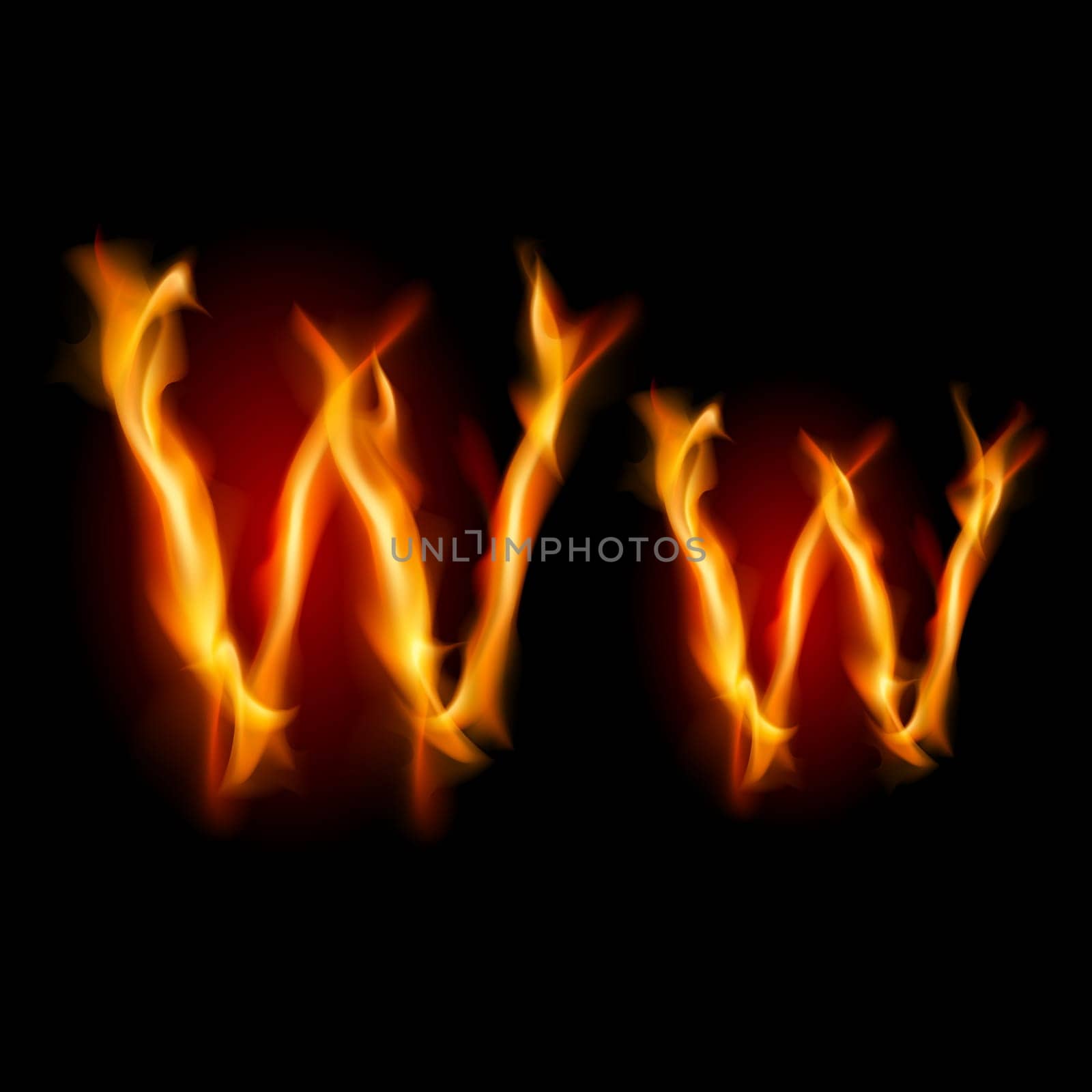 Fiery font. Letter W. Illustration on black background