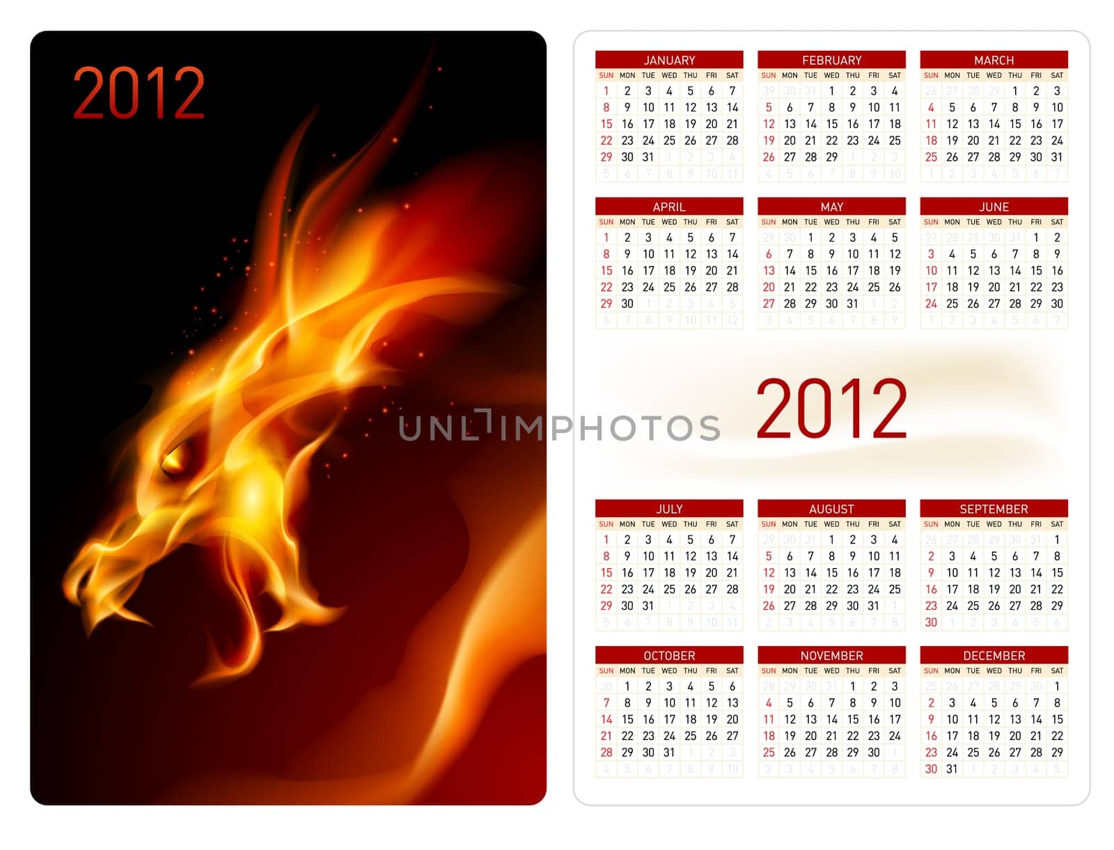 Calendar twenty twelve template. Red Dragon. Illustration for design