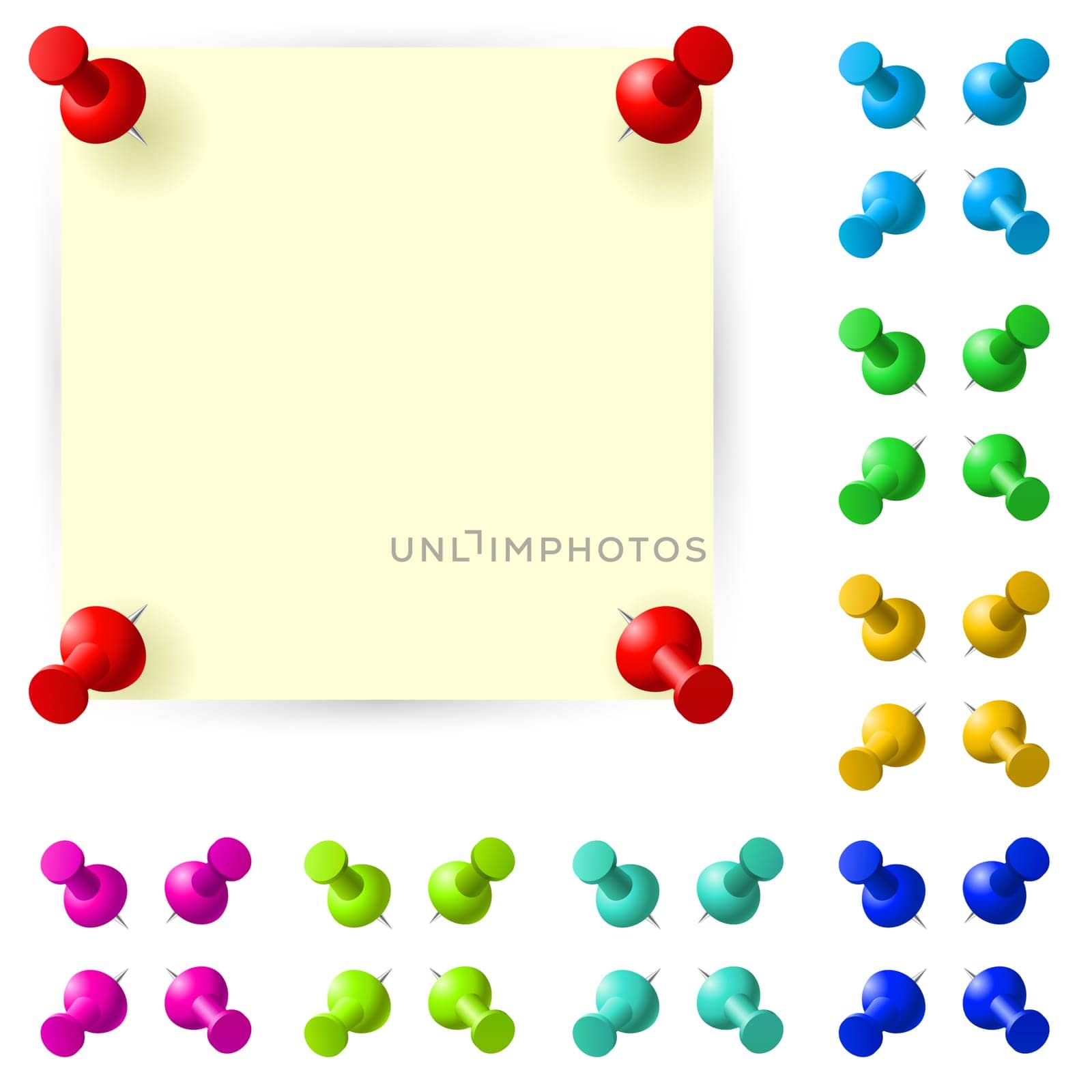 Blank sticky note with red pushpin on white background