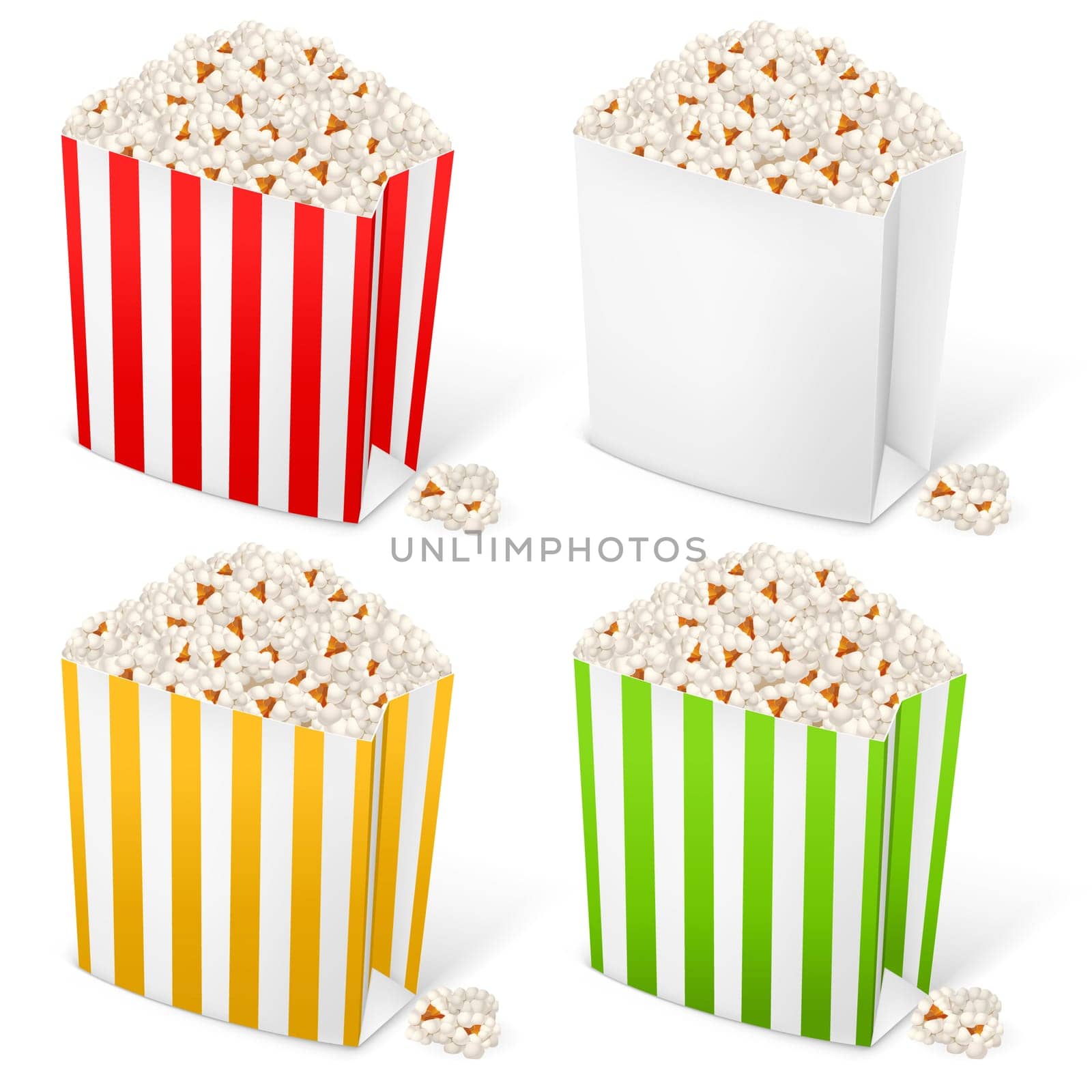 Popcorn in multi-colored striped packages. Illustration on white background for design