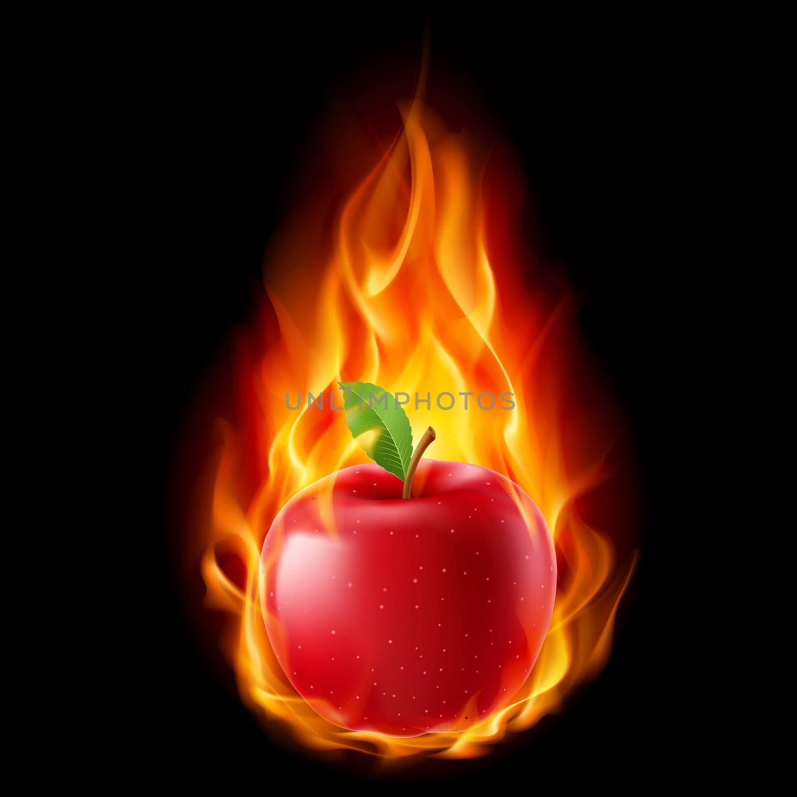 Red apple in the fire. Illustration on black background for design