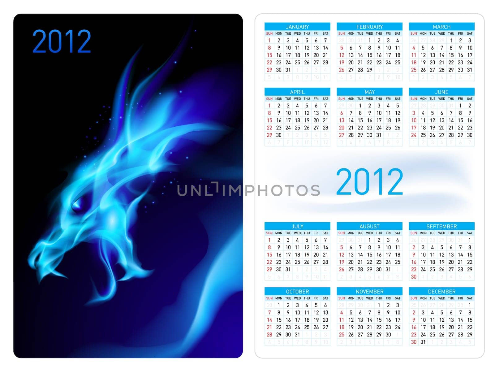 Calendar twenty twelve template. Blue Dragon. Illustration for design
