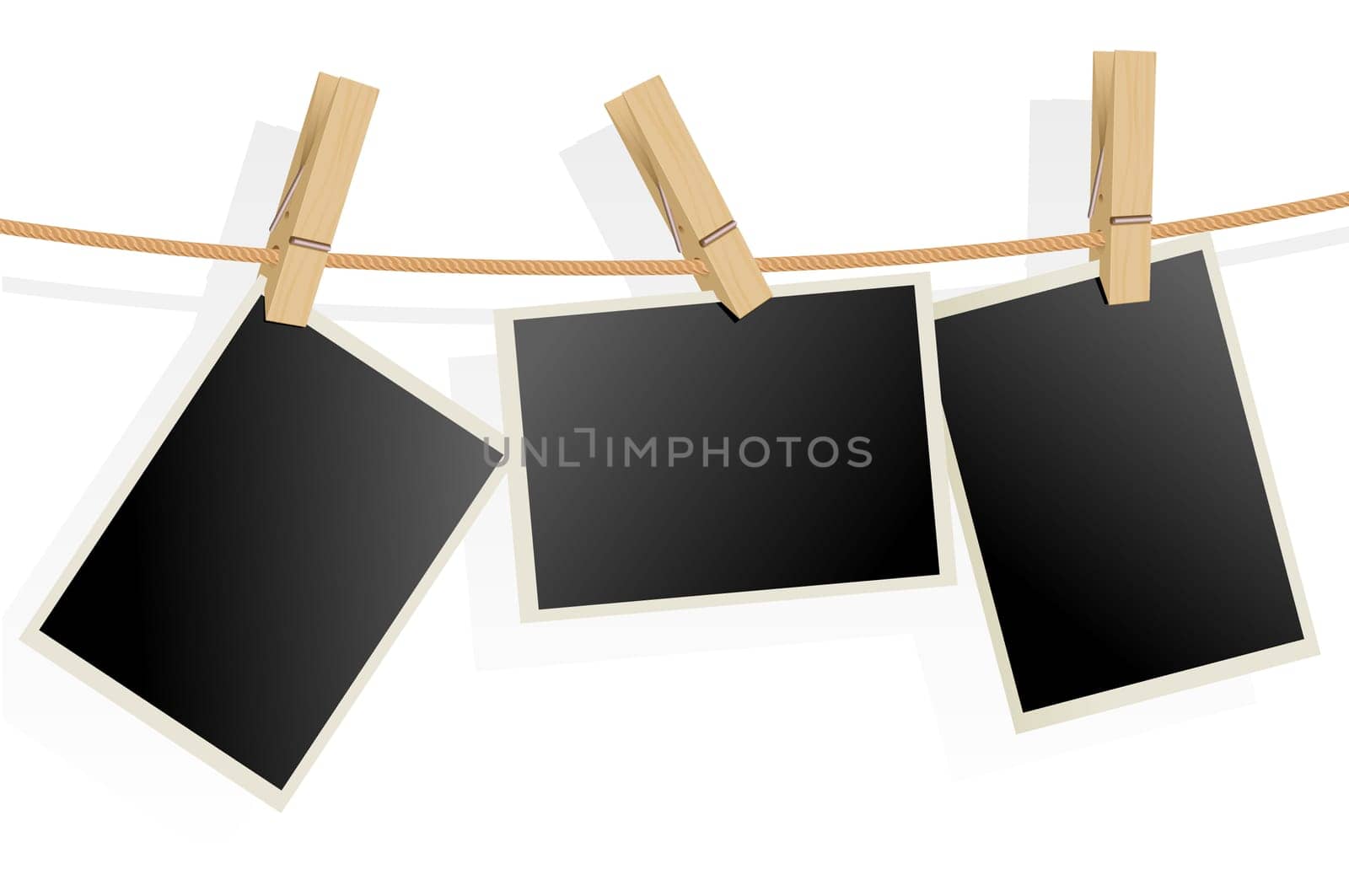 Three Photo Frames on Rope. Illustration on white background
