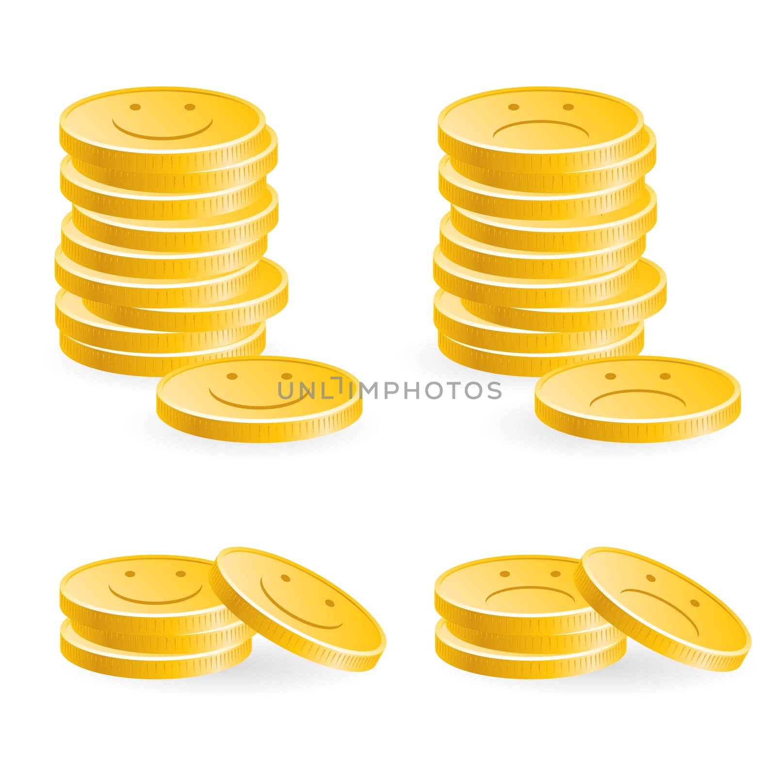 Illustration of the golden coins with smile on white background