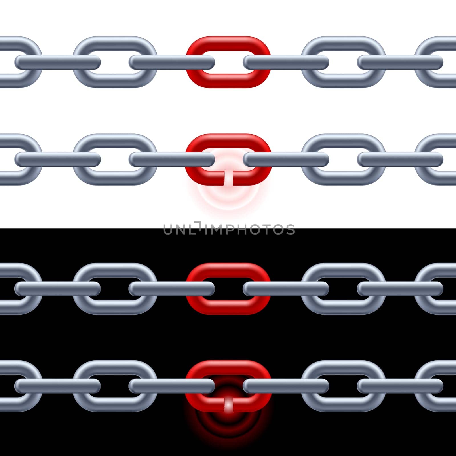 Chain with red link on white and black. Concept: Leadership, strength.