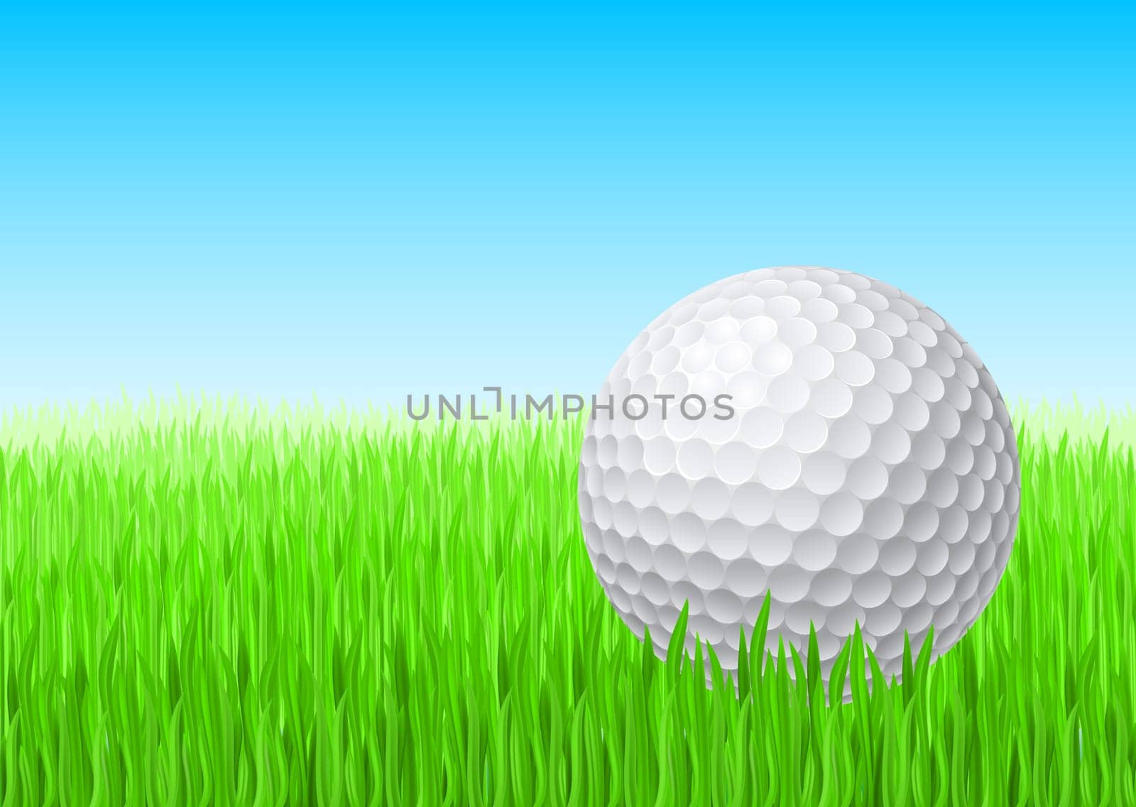 White golf ball in green grass on a blue sky.