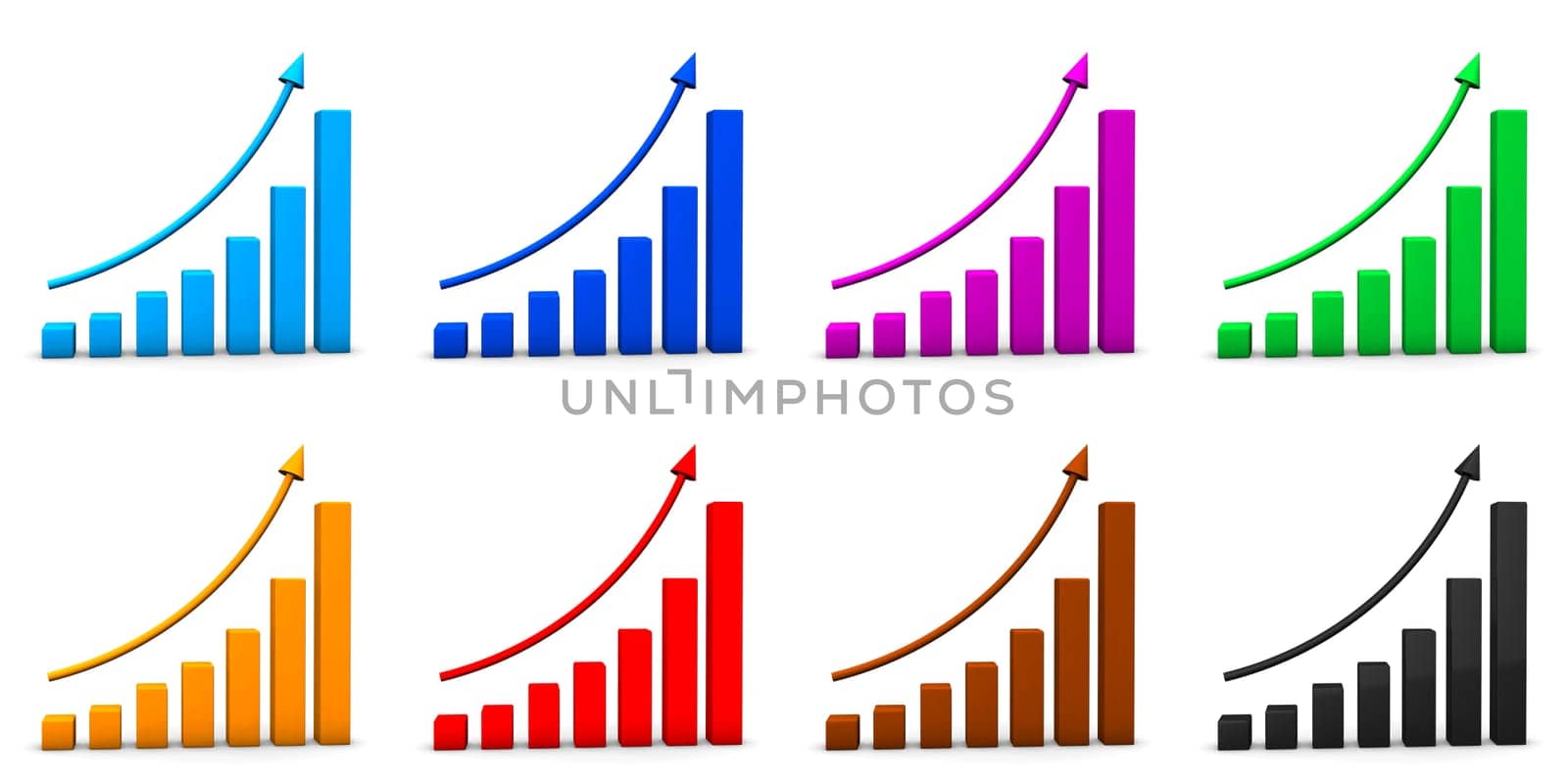 Eight multi colored chart icons on the white background.