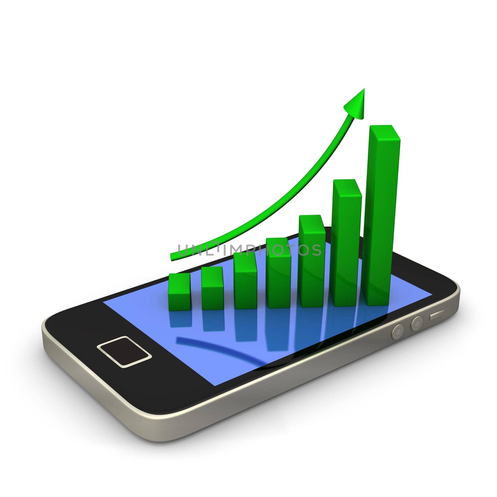 Smartphone with green chart on white background.