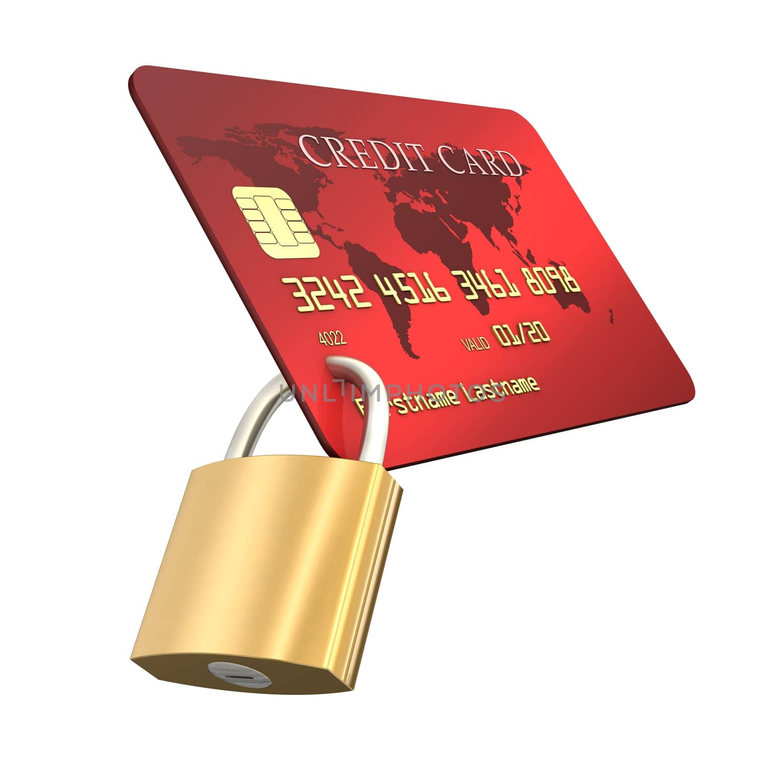 Credit card with padlock on white background.