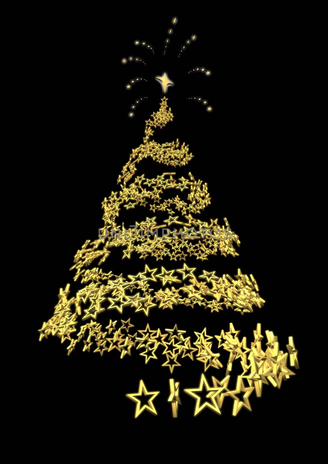 Christmas tree with golden and shiny stars at night.