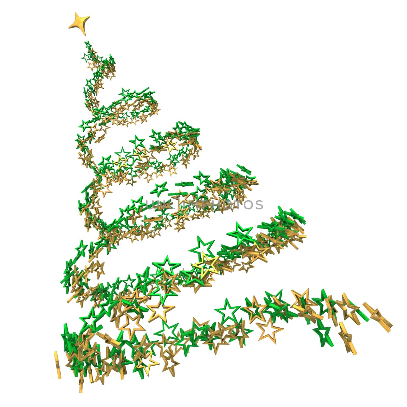 Christmas tree with green and golden stars on the white background.
