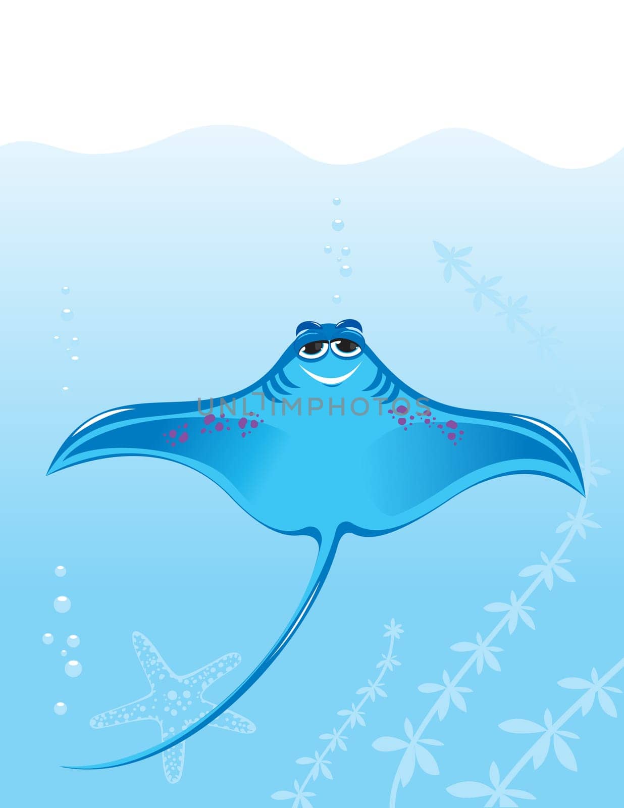 Cartoon marine stingray. Illustration on the background of the sea