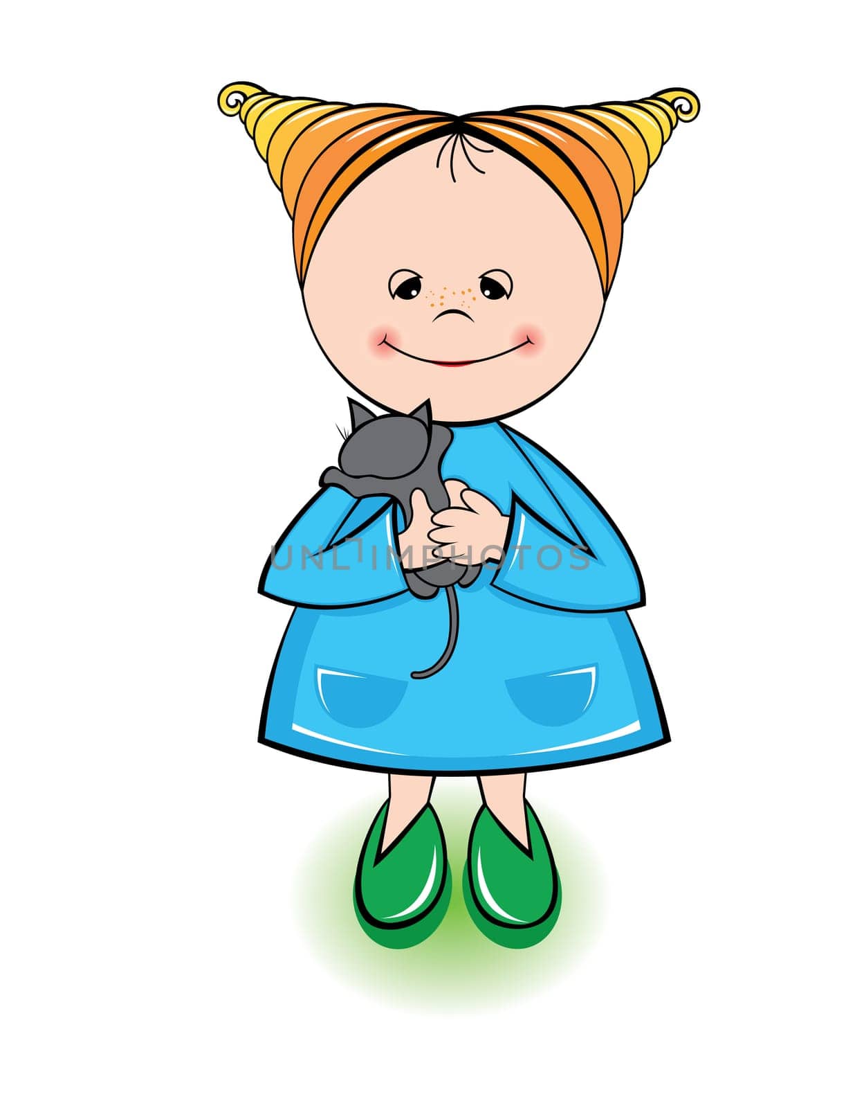 Little girl holding a kitten isolated on white