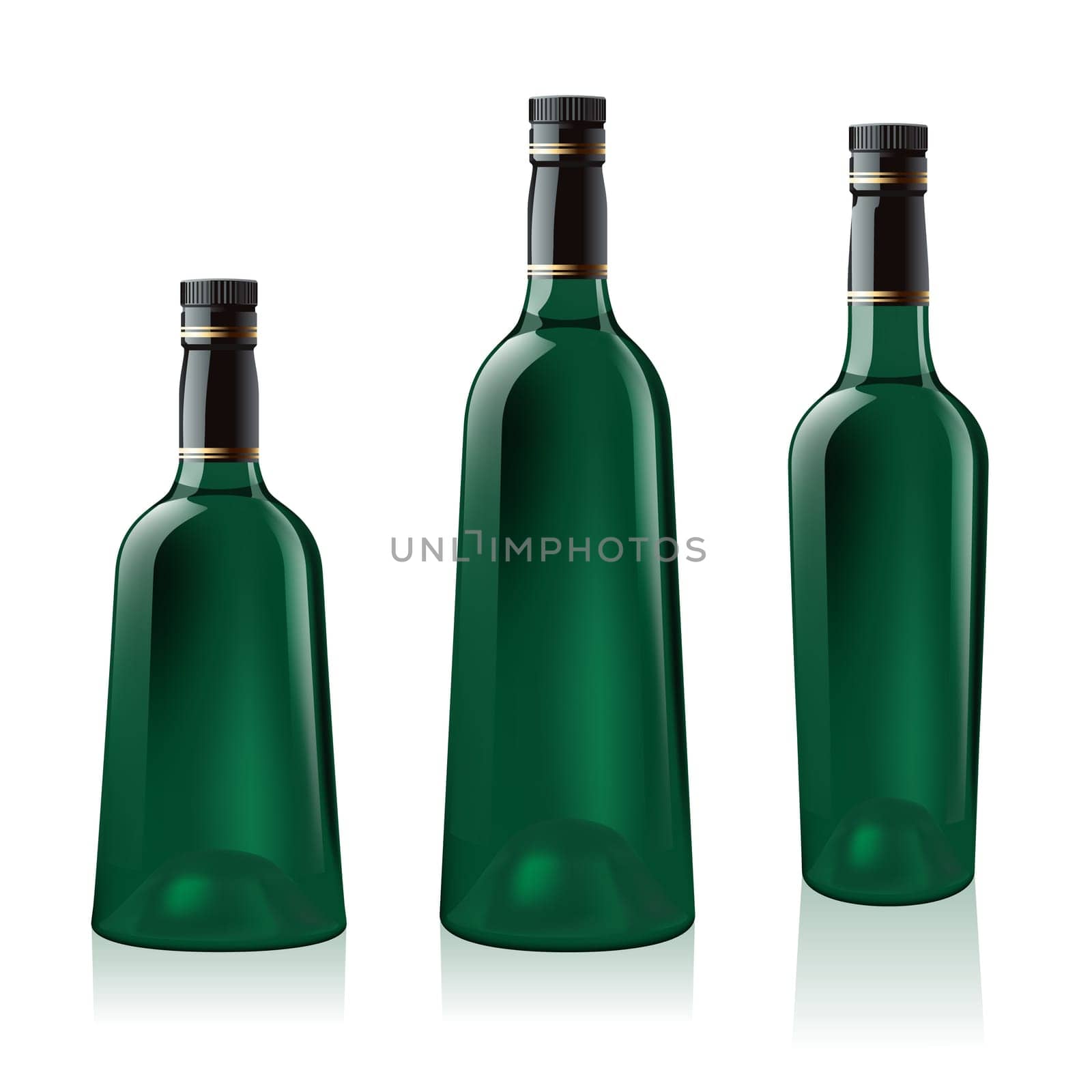 Set number one of green wine bottle. Illustration on white background