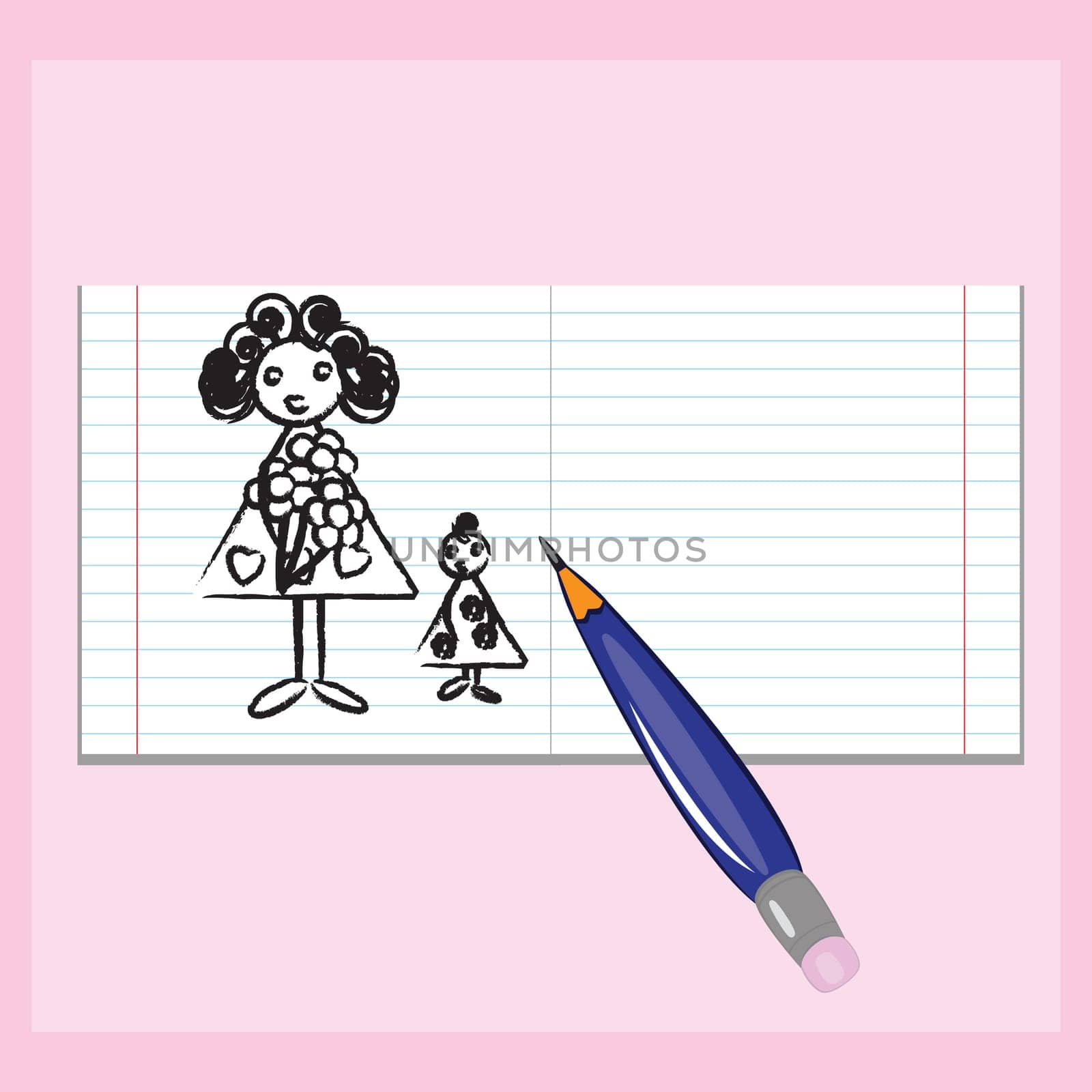 Drawing in a notebook Mother&#039 s Day. Illustration for design on pink background