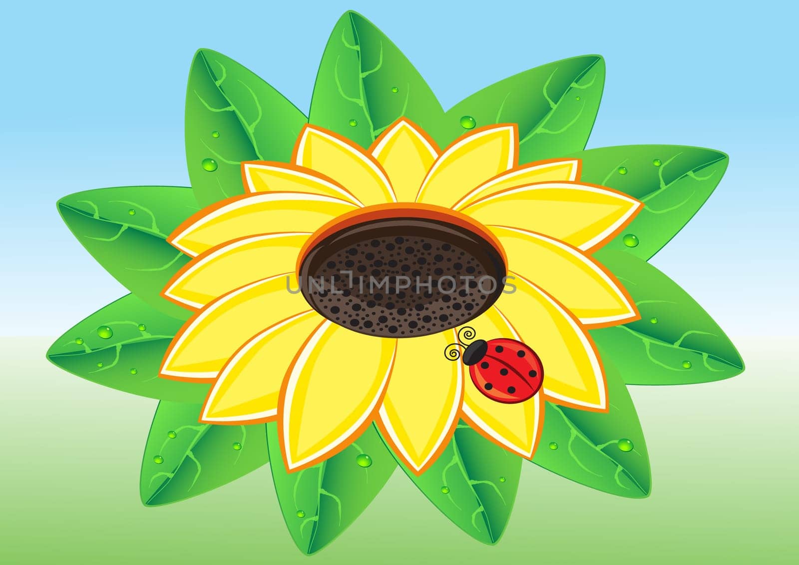 Illustration of Red Ladybug on a Warm Yellow Sunflowe