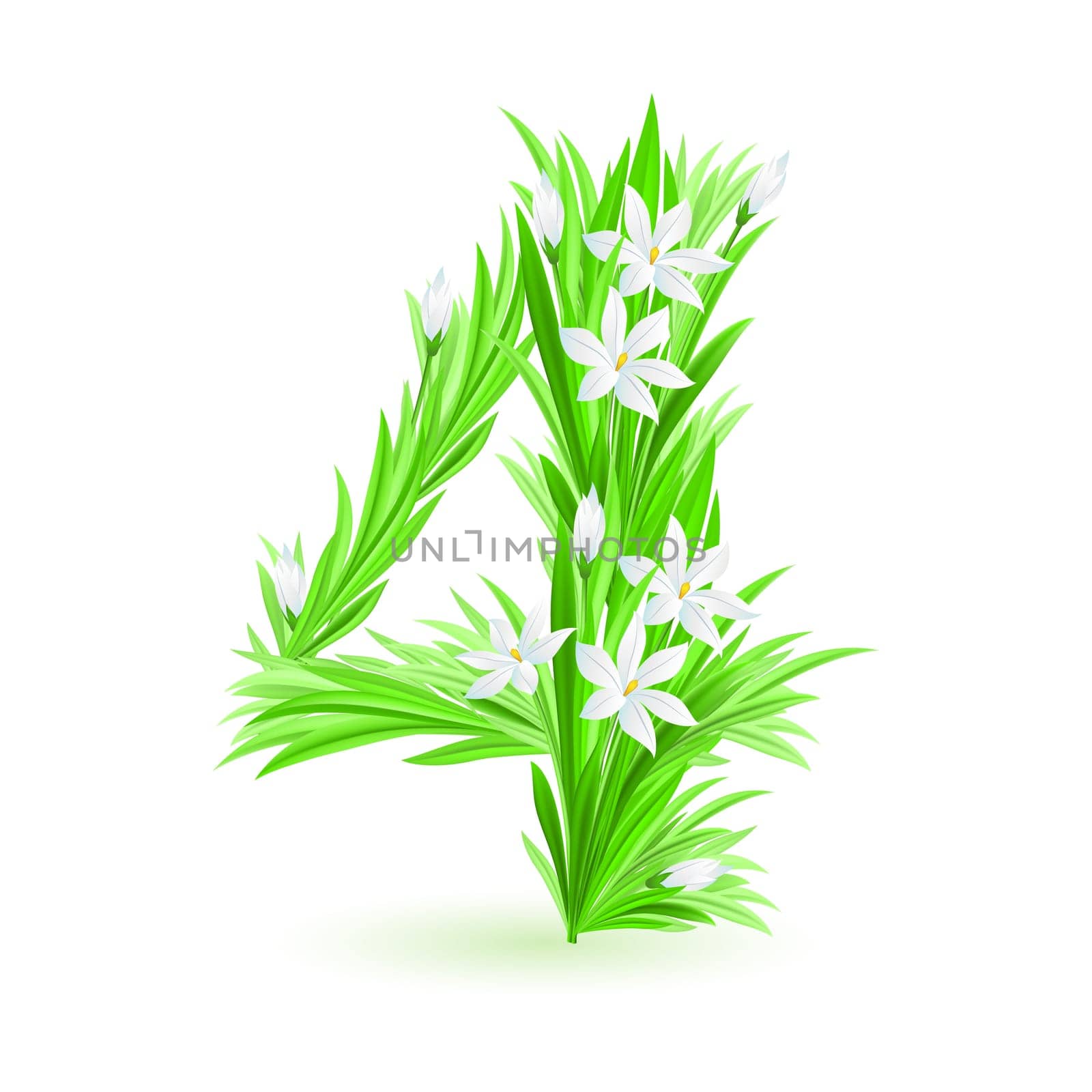 One alphabet symbol of spring flowers  - digit four. Illustration on white background
