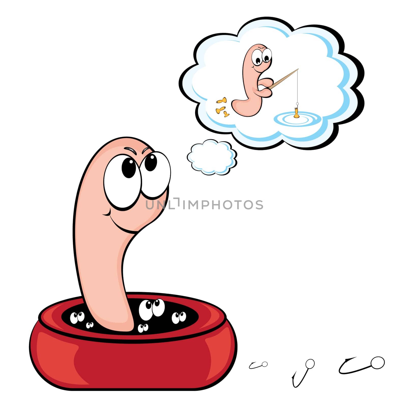 Cute worm dreaming of how he catches fish. Illustration on white background