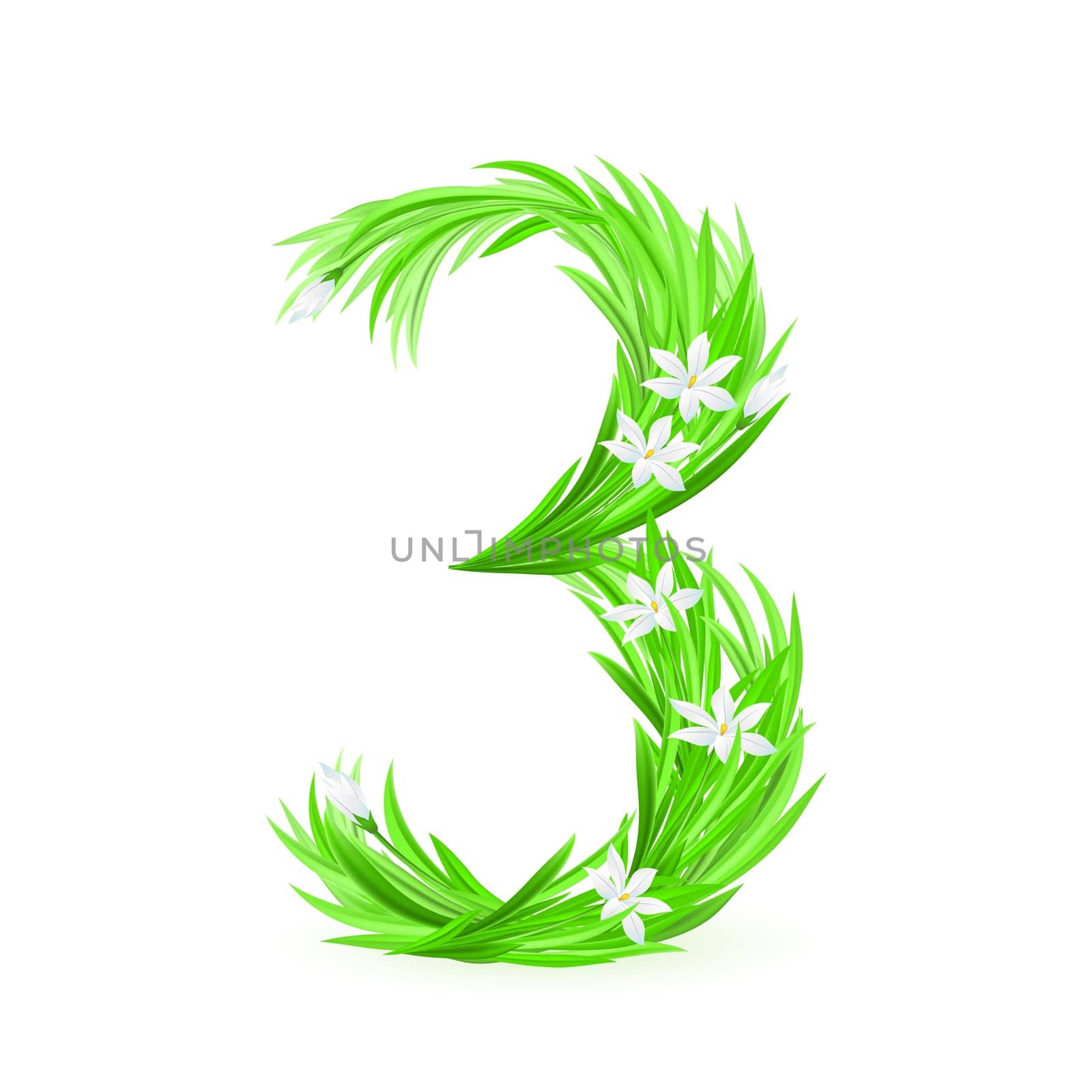 One alphabet symbol of spring flowers  - digit three. Illustration on white background