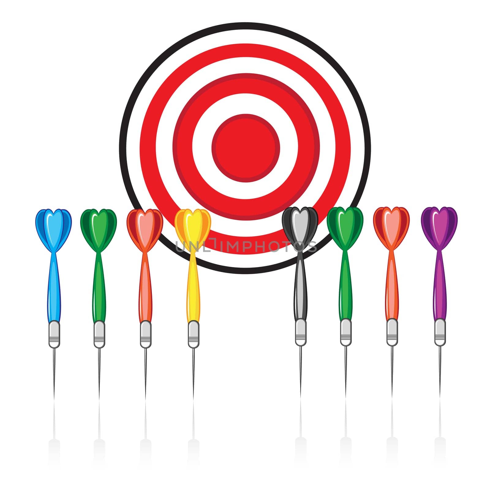 Set of red target and colorful darts. Illustration on white background