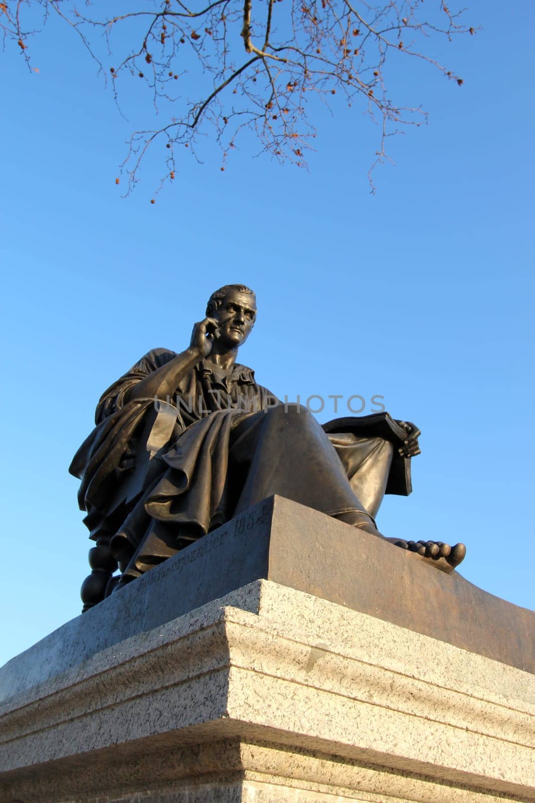 Statue of Jean-Jacques Rousseau on the Rousseau island, Geneva, Switzerland. This sculpture was created by James Pradier sculptor in 1835.