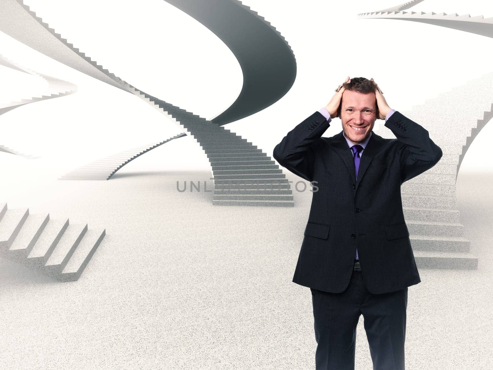 stressed man and 3d stair background
