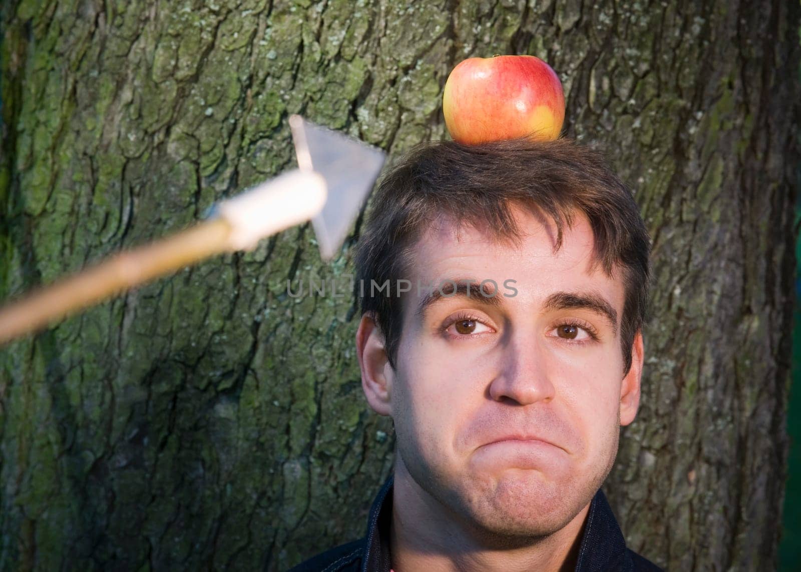 Head and shoulders shot of a young man at the tree with apple on his head and arrow at him from the camera