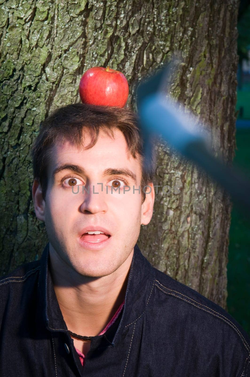 Head and shoulders shot of a young man at the tree with apple on his head and arrow at him from the camera