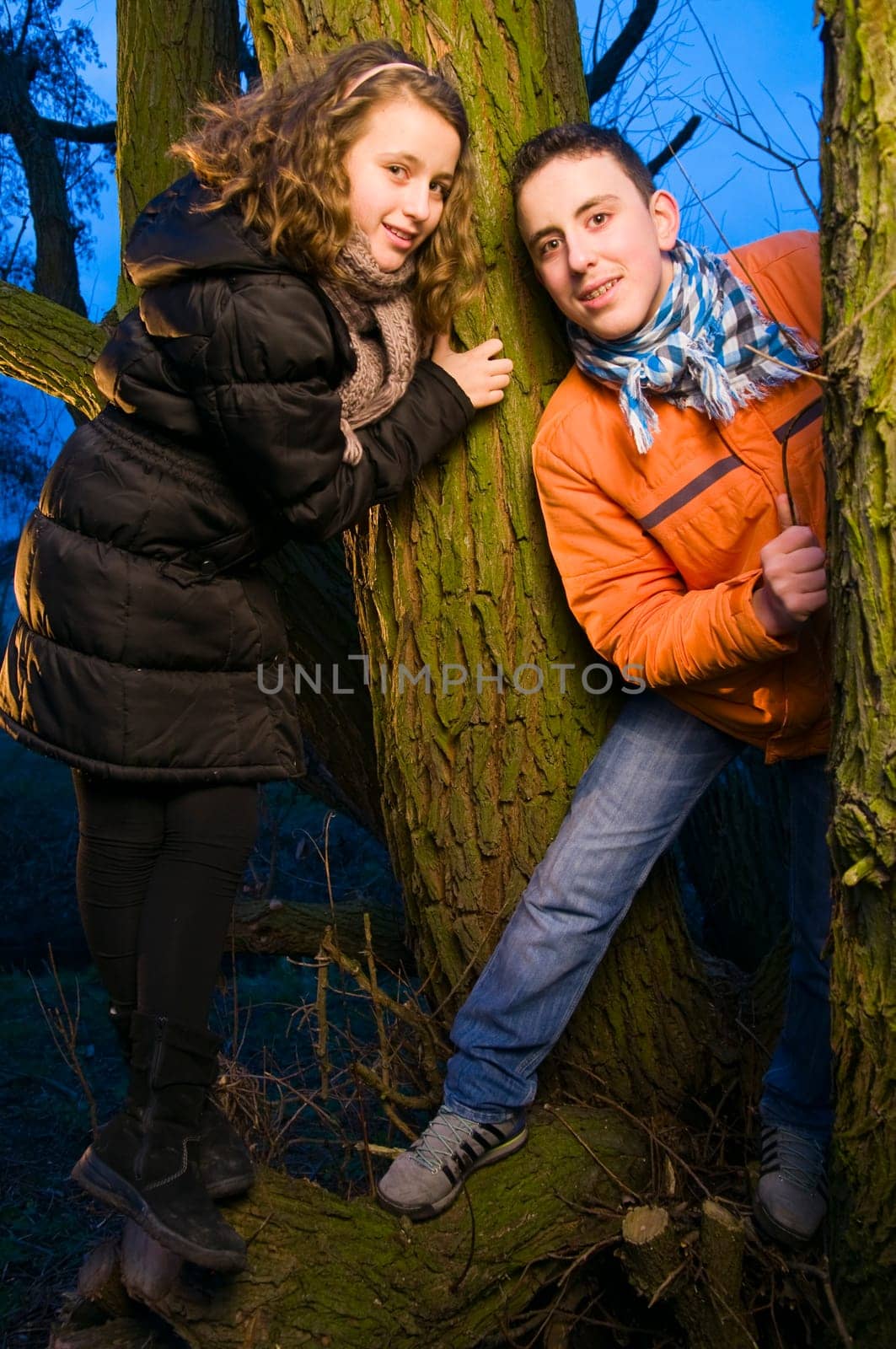 Portraits of two siblings (brother and sister) leaning against a tree at dusk and staring at the camera  Very deep camera perspective